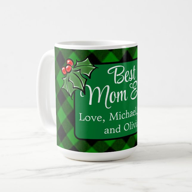 Caneca De Café A melhor mãe do Natal, Xadrez verde clássica Holly (Frente Esquerda)