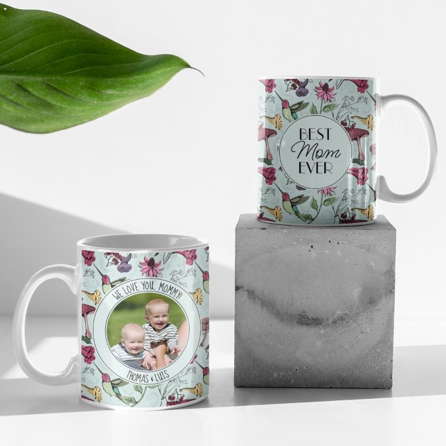 Caneca De Café A Melhor Mãe Moderna, Ever Mint Floral Hummingbird (Chic Mint Mug with Hand-Drawn Hummingbird, Flowers & Mushrooms. Custom Photo & 2 Personalized Texts.)