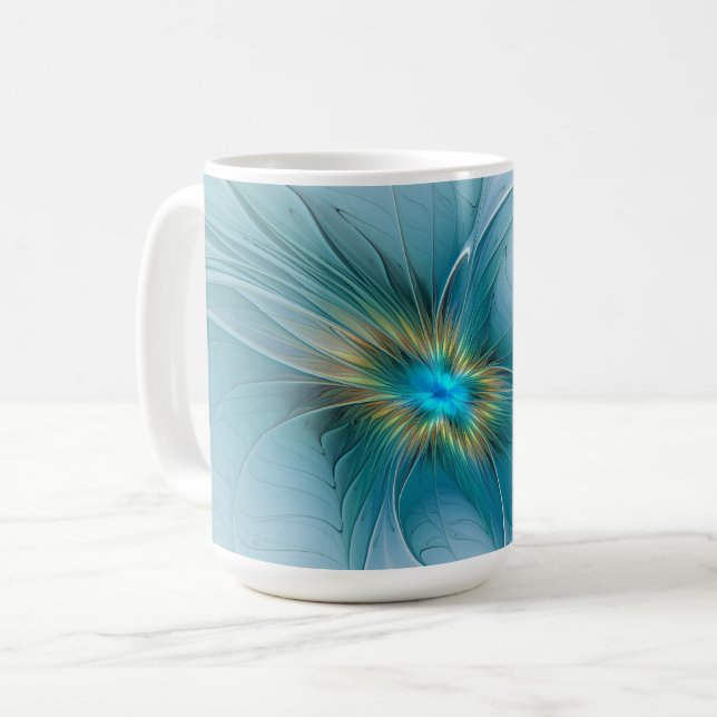 Caneca De Café A pequena Bela Flor Fractal Dourada Azul Moderna (Frente Esquerda)