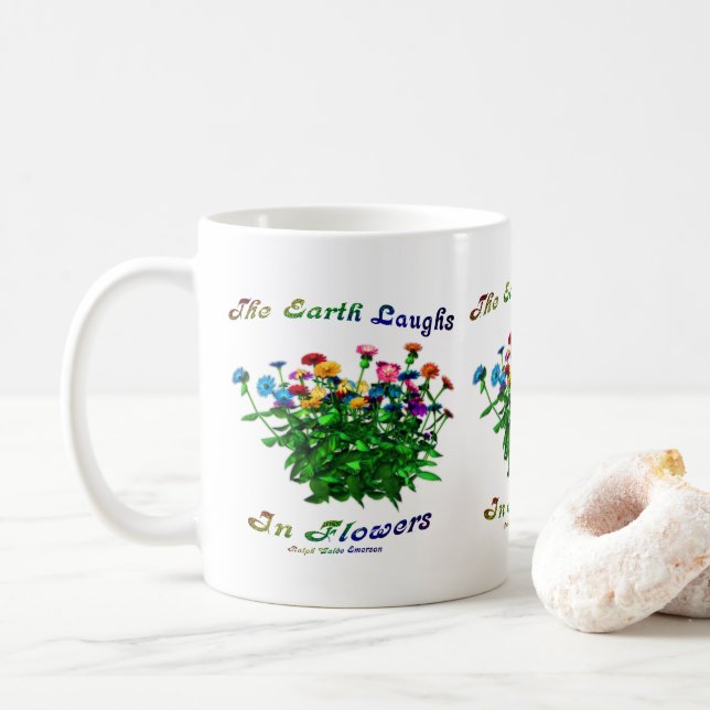 Caneca De Café A Terra Ri Em Citação Inspiracional De Flores (Com Donut)