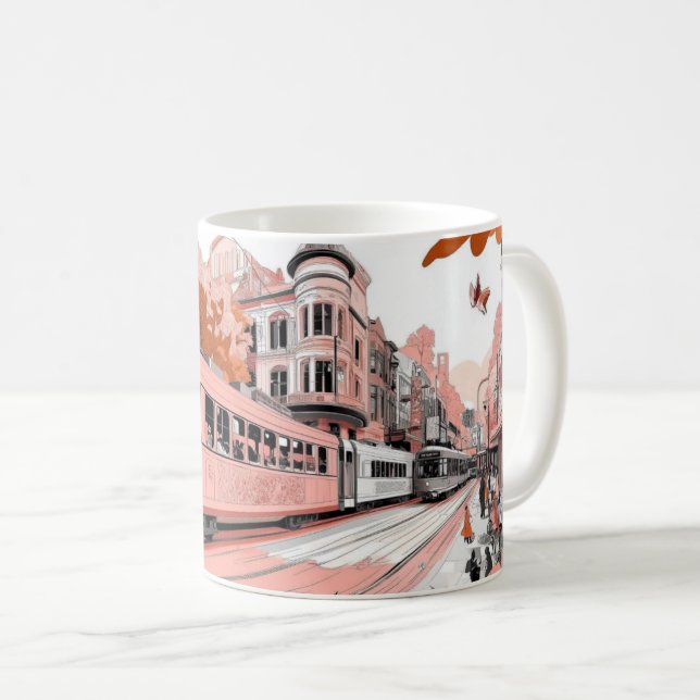 Caneca De Café A tram in a retro illustration style, reminiscent  (Frente Esquerda)