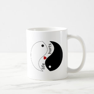 Caneca De Café A vida dói, coração, e símbolo de yin-yang, Citaçã