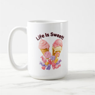 Caneca De Café A Vida É Doce Camiseta Rosa de Sorvete e Sobremesa