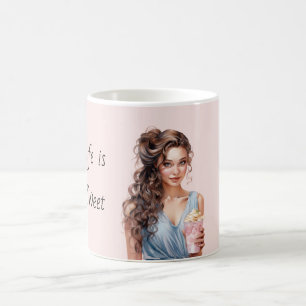 Caneca De Café A Vida é Doce Feminino Cabelo Castanho