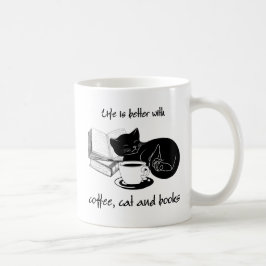 CANECA DE CAFÉ A VIDA É MELHOR COM CAFÉ DE GATO E LIVROS