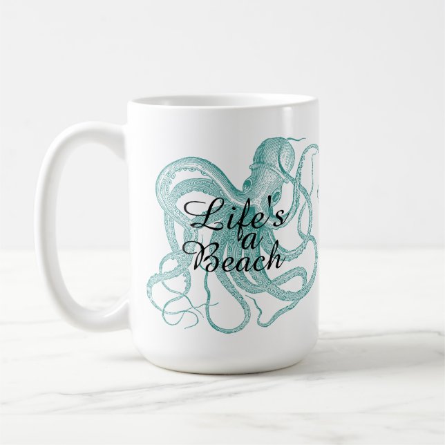 Caneca De Café A vida é um polvo azul-verde da praia (Esquerda)
