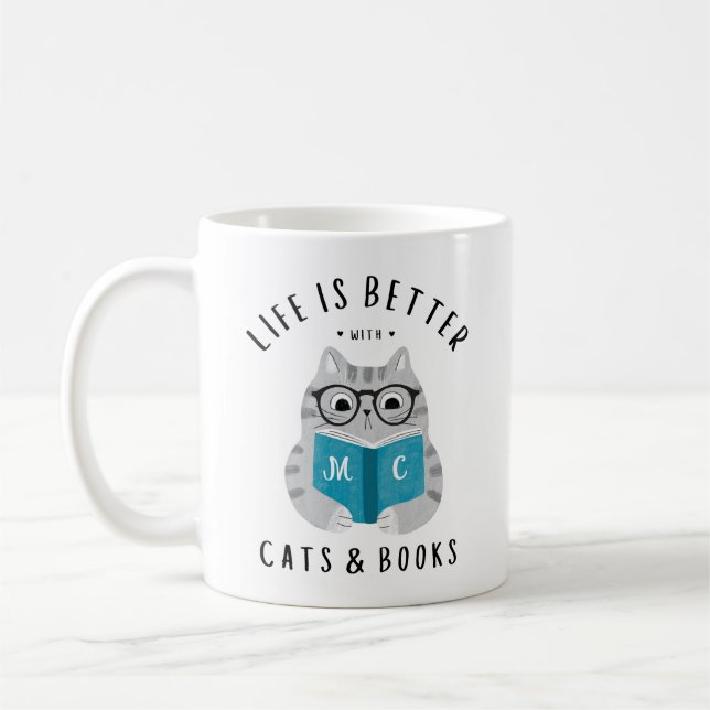 Caneca De Café A vida engraçada é melhor com o Monograma de Gatos (Esquerda)