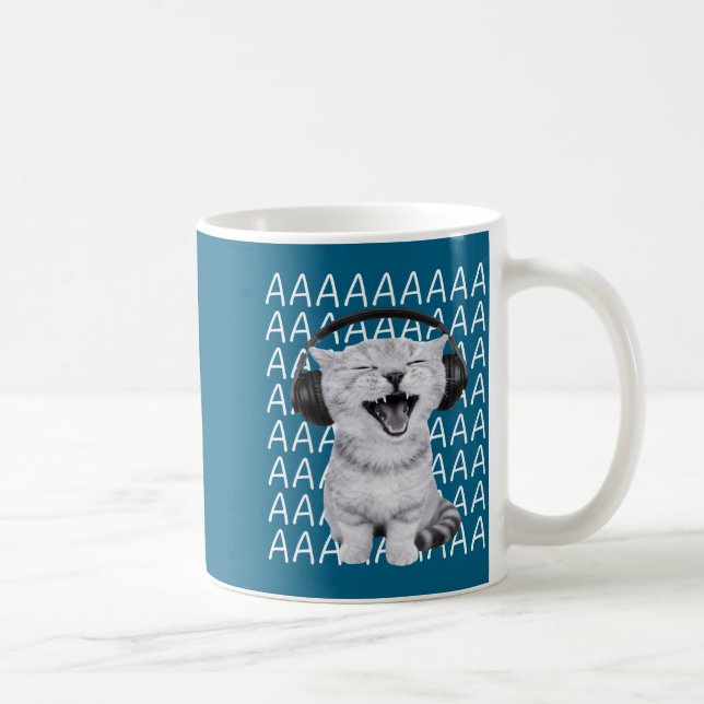 Caneca De Café Aaaa Screaming Cat Meme Wearing Headphones Cat Int (Direita)