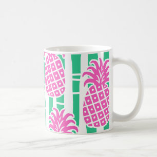 Caneca De Café Abacaxi Bamboo Stripes Rosa e Verde Padrão