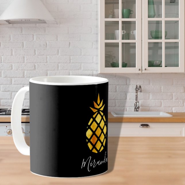 Caneca De Café Abacaxi-ouro em nome preto (Criador carregado)