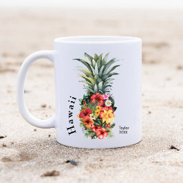 Caneca De Café Abacaxi tropical do Havaí com flores, nome da famí