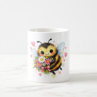 Caneca De Café Abeirinha Doce com um Buquê Floral