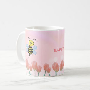 Caneca De Café Abejas Felizes e Tulipas Rosas