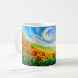 Caneca De Café Abejas flotando sobre un campo de amapolas ventoso