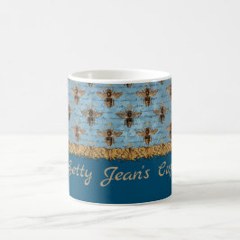 Caneca De Café Abelhas de Vintage em Damasco Azul com Escrita Man