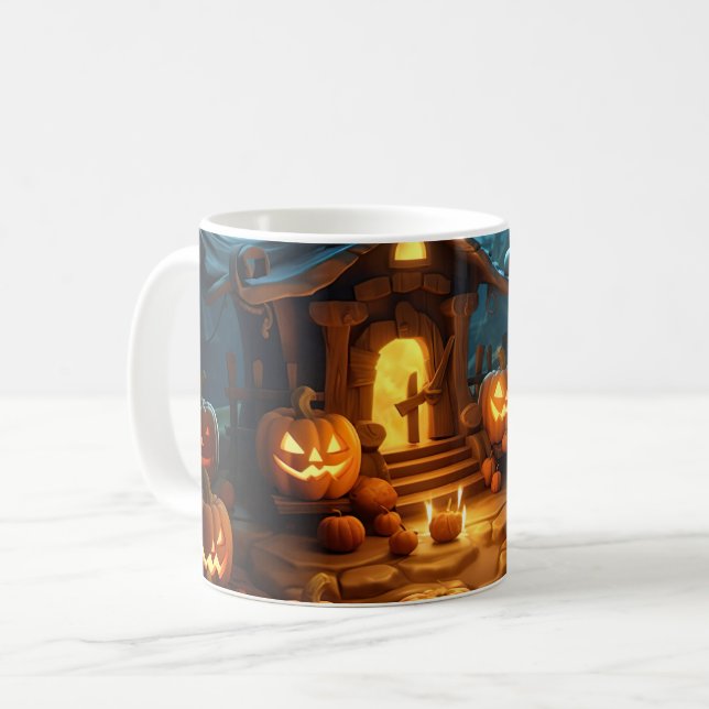 Caneca De Café Abóbora de Halloween 3D casa assombrada (Frente Esquerda)