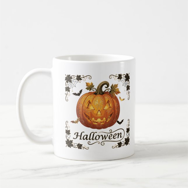 Caneca De Café Abóbora de Halloween Arte Dourada Ornamentada (Esquerda)