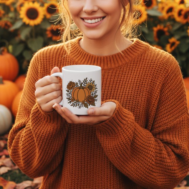 Caneca De Café Abóbora de outono com girassol e flores de outono (Criador carregado)