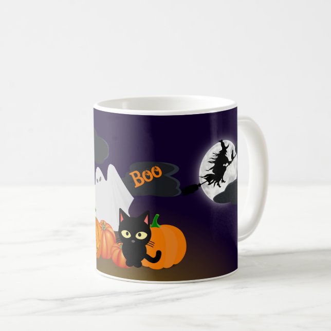 Caneca De Café Abóbora Feliz Halloween Fofo e Gato Preto (Frente Esquerda)