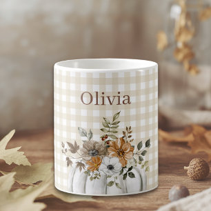 Caneca De Café Abóbora Floral Aquarela Rústica Nome Personalizado