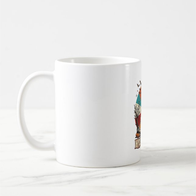 Caneca De Café Abóbora Meditando no Halloween Esqueleto Sol Retro (Esquerda)