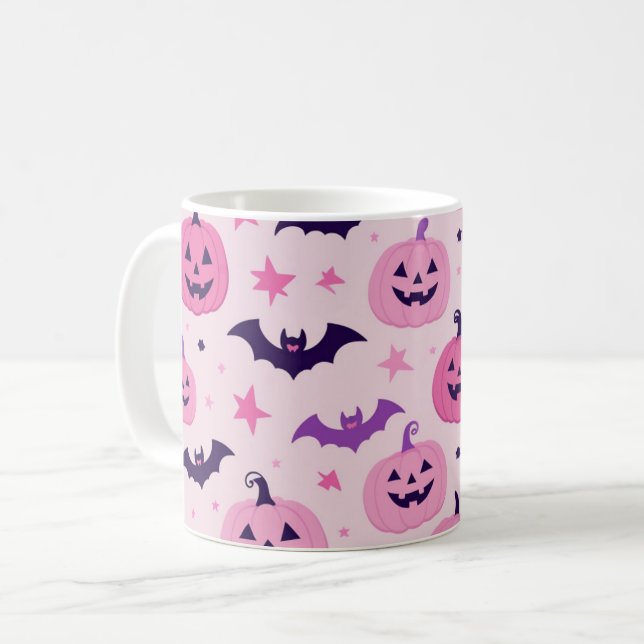 Caneca De Café Abóbora Rosa e Morcego Halloween (Frente Esquerda)