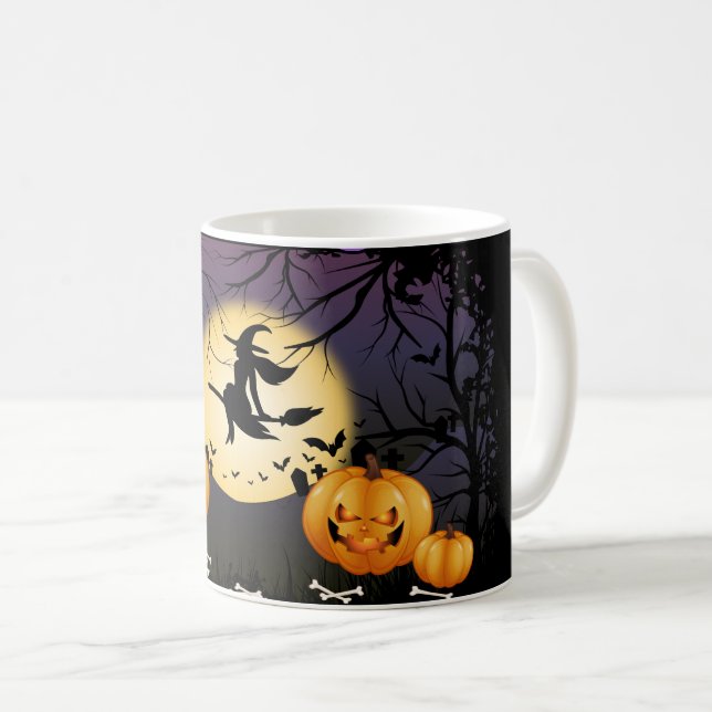 Caneca De Café Abóboras de Lua Cheia de Bruxa Halloween Assustado (Frente Esquerda)