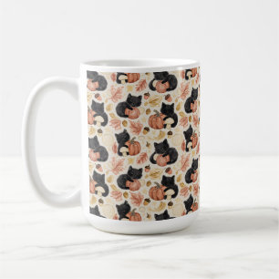 Caneca De Café Abóboras e Folhagens Gatas Pretas Desenhadas à Mão