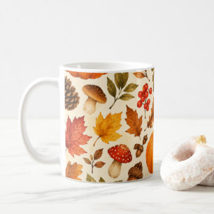 Caneca De Café Abóboras em Aquarela de Outono, Folhas de Outono e