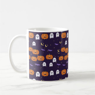 Caneca De Café Abóboras Fantasmas e Morcegos Padrão de Halloween