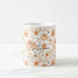 Caneca De Café Abóboras Flores Brancas Creme Pêssego