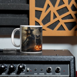 Caneca De Café Abóboras, gatos pretos e bruxas assustadas do Hall