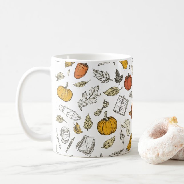 Caneca De Café Abóboras laranja e folhas em estilo gravado.   (Com Donut)