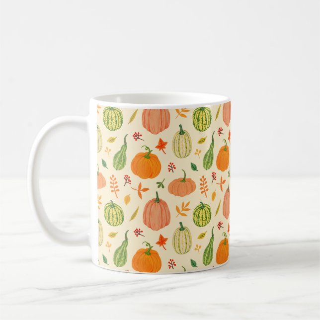 Caneca De Café Abóboras verdes e laranja com folhas e ramos (Esquerda)