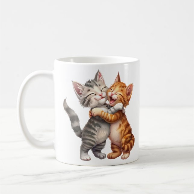 Caneca De Café Abraço de Gatos Felizes de Cartoon (Esquerda)