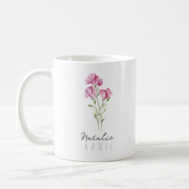 Caneca De Café Abril Mês Flor com Nome - Ervilha Doce (Esquerda)