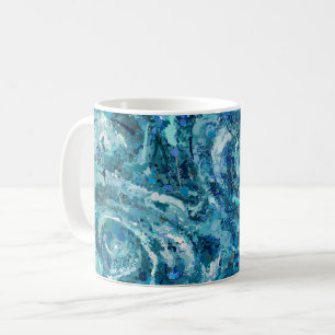 Caneca De Café Abstração das Ondas do Mar Branco Azul