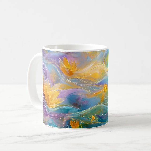 Caneca De Café Abstract Golden Lotus Floating Flowers  (Frente Esquerda)