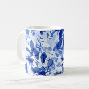 Caneca De Café Abstrato Azul e Folhas Brancas