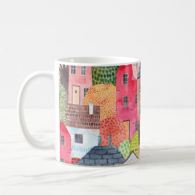 Caneca De Café Abstrato com casas. Aquarela  (Esquerda)