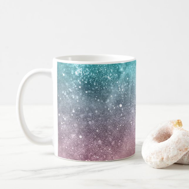 Caneca De Café Abstrato de galáxia azul-aqua-rosa-ombre (Com Donut)