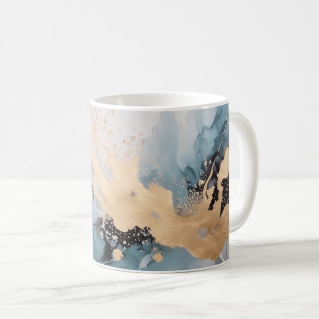 Caneca De Café abstrato Dourado e azul (Frente Esquerda)