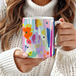 Caneca De Café Abstrato Floral Arte Colorida, Artística Única