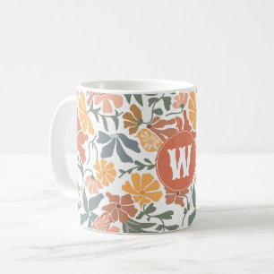 Caneca De Café Abstrato Floral Birds Meio século Moderno Monogram