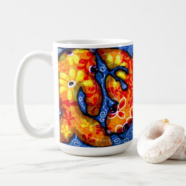 Caneca De Café Abstrato Floral Koi Fish Orange Yellow Red Blue (Com Donut)