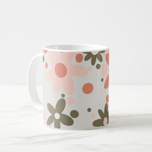 Caneca De Café Abstrato flores de coral, pêssego e verde (Frente Esquerda)
