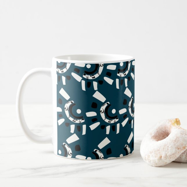 Caneca De Café Abstrato Geométrico Branco Azul (Com Donut)