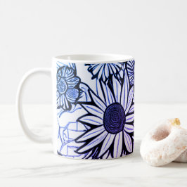Caneca De Café Abstrato Linha Desenho Arte Floral Azul Roxo