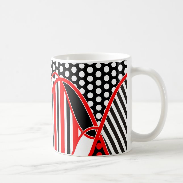 Caneca De Café Abstrato stripes e pontos em branco vermelho preto (Direita)