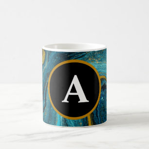 Caneca De Café Abstrato Teal Dourado Forma Aquarela Monograma Tex